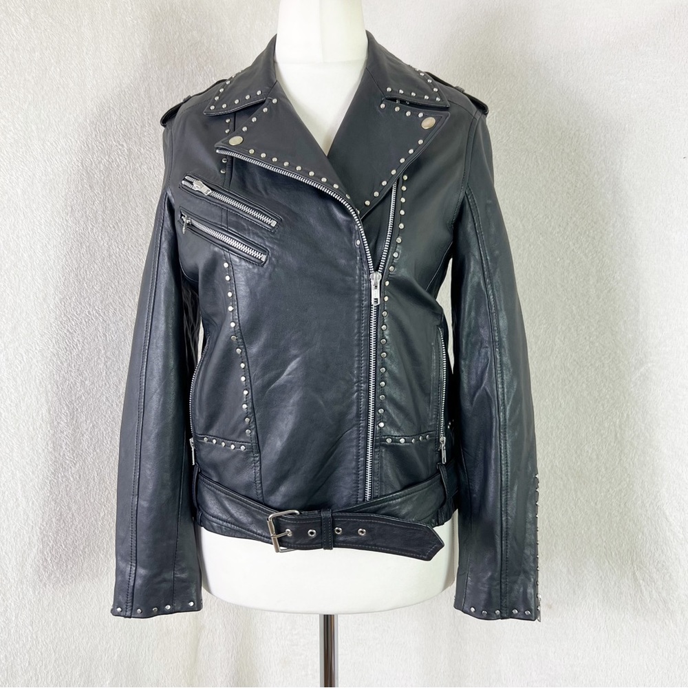Religion Black Studded Soft Lamb Leather Biker Jacket UK Size 8 XS New - Picture 7 of 11